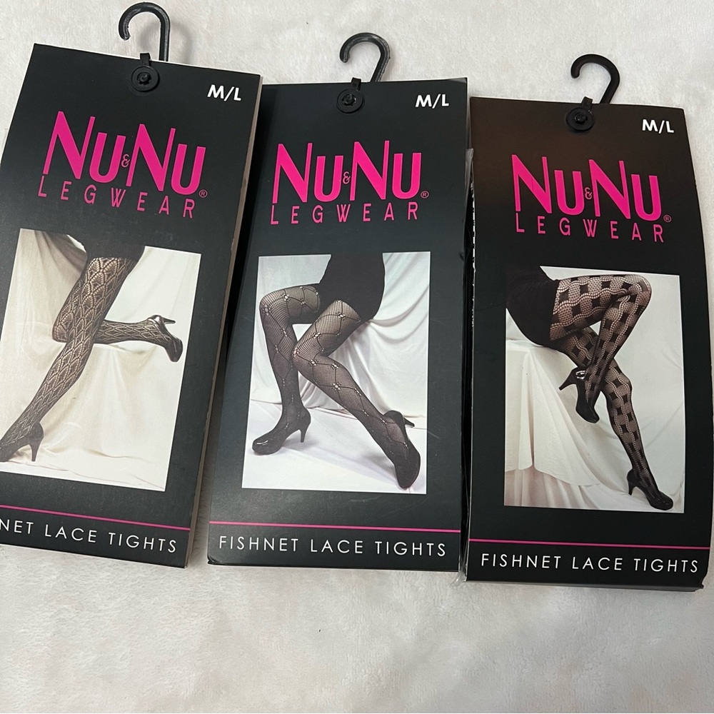 Nu & Nu Legwear Fishnet Lace Tights - Black size M/L New in Package set of 3